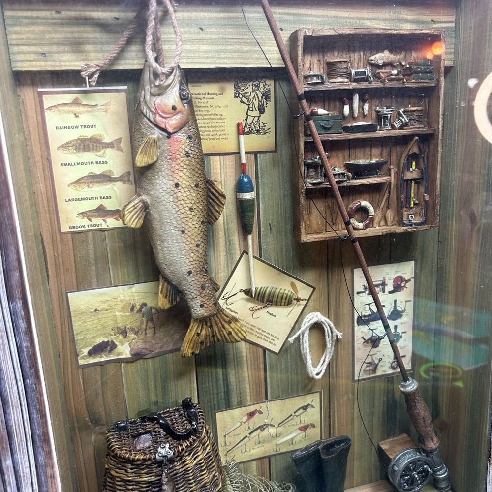 Fishing theme shadowbox wall hanging - 14 x 19 coastal lakehouse cabin decor - Picture 3 of 10